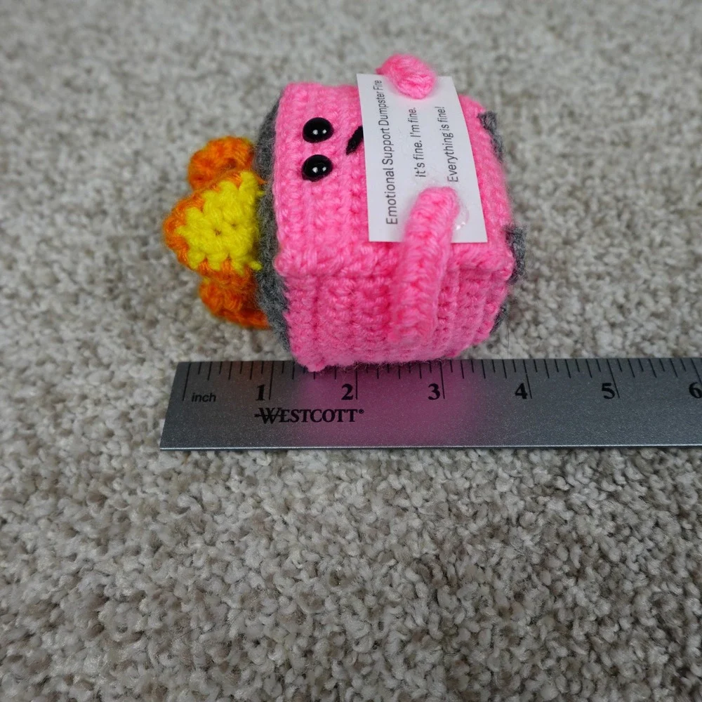 Handmade Pink Crochet Emotional Support Dumpster Fire Amigurumi Plush Desk Decor